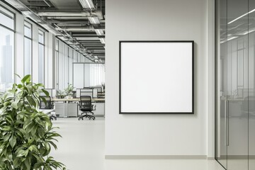 Modern office interior featuring a blank frame ready for creativity, showcasing a bright and open workspace during daylight hours
