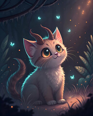 A CUTE CAT WITH HORNS SITTING IN MAGICAL PLACE