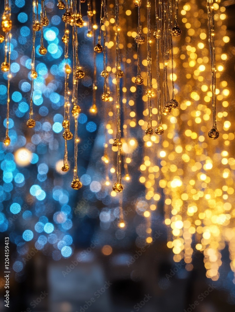 Poster abstract background of bokeh with softly blurred golden and blue lights, creating a magical effect, 