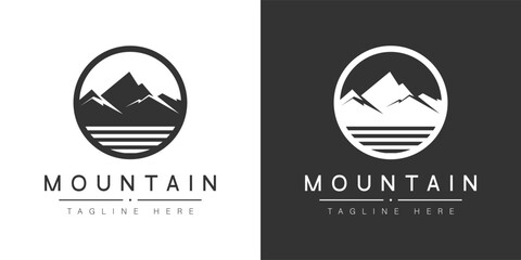 Minimalist Mountain Logo Design with Sun in Circle Frame