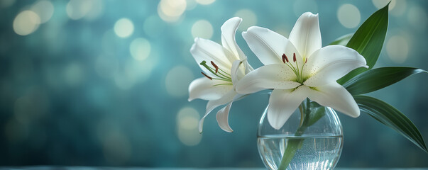 Elegant white lilies in glass vase with soft blue bokeh background