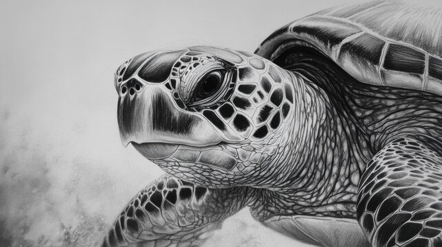 Detailed black and white drawing of a sea turtle with intricate shell patterns and scales