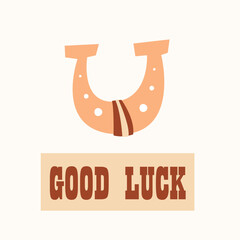 Horseshoe for good luck. Cartoon charm emblem. Vector illustration