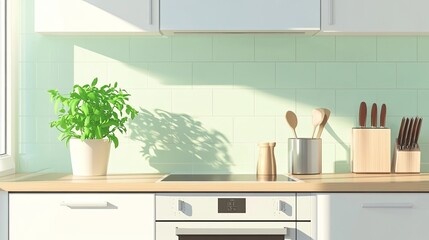 A clean, minimalist kitchen with a green plant on the countertop, suggesting healthful living.