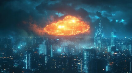 Fototapeta premium Creative glowing cloud hologram on illuminated night city backdrop. Cloud computing and database concept. Double exposure