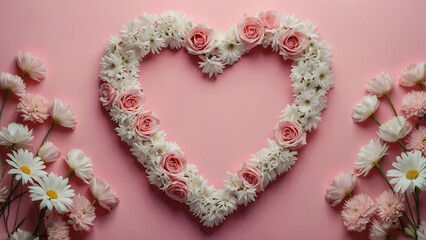 Obraz premium Frame made of beautiful roses and blank heart-shaped card on color table