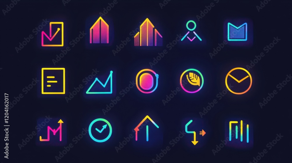 Poster vibrant collection of modern icons featuring graphs, envelopes, and navigation symbols on a dark bac