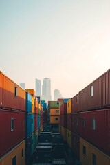 Colorful shipping containers stacked high, city skyline in background.