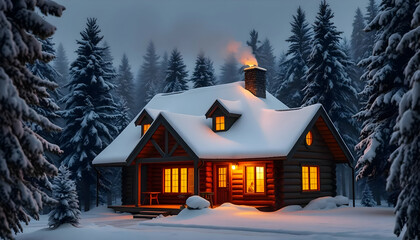 Naklejka premium Cozy Winter Cabin in Snowy Forest at Dusk