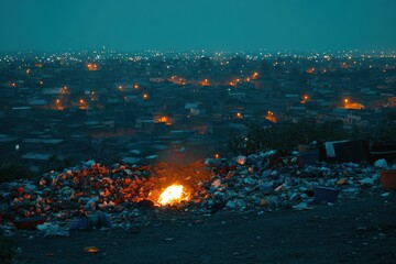 Urban Nightscape with Garbage Pile and Flames: A Visual Commentary on Waste Management and City Living in a Densely Populated Area
