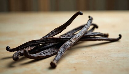 Minimalist rendering of vanilla pods with rich textures and soft lighting