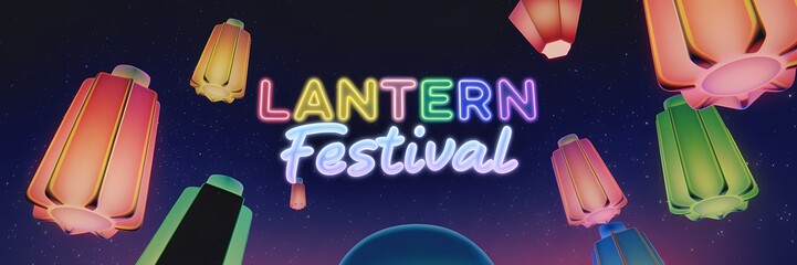 A 3D render of a creative minimalist lantern festival poster with a neon theme. The background is a night sky with stars. There are floating lanterns in various shapes and sizes. 