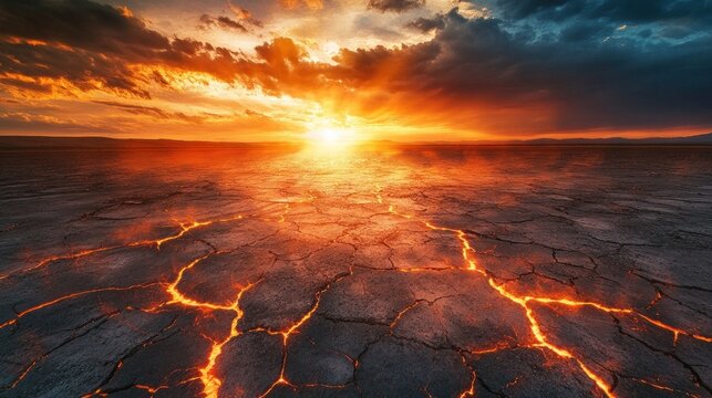 Fiery sunset over cracked, lava-filled earth.