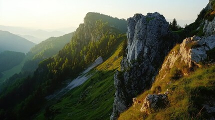 Scenic Mountain Landscape at Sunrise with Lush Greenery and Rocks