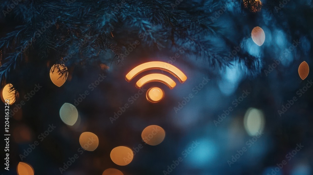 Poster blue wi-fi symbol glowing with blurred bokeh background, representing wireless internet connection a