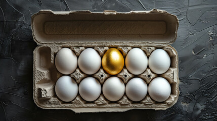 A golden egg among regular white eggs in a carton on a dark textured background