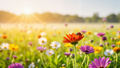 Obraz premium Flower garden with ladybug on orange daisy at sunrise
