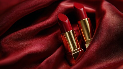 Luxurious Red Lipsticks on Silky Crimson Fabric Background