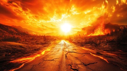 Fiery apocalyptic sunset over cracked road.
