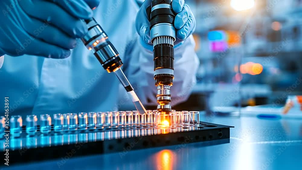Aufkleber a worker in a protective suit and gloves programming a robotic arm for precise filling of medicine v