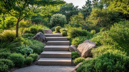 Serene garden path with wooden steps and greenery