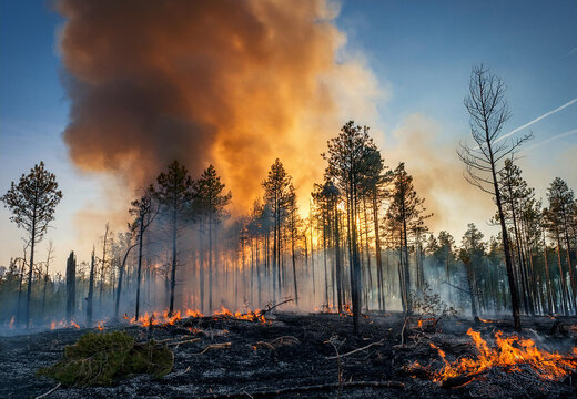 Burning remains after a forest fire, destroyed trees and nature