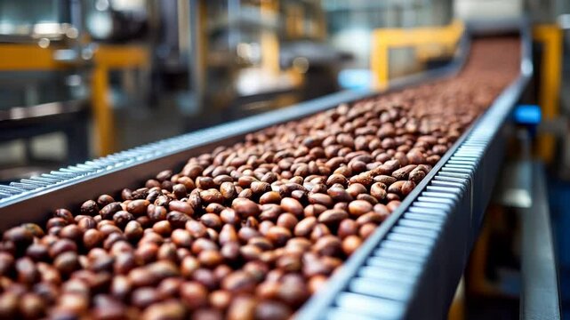 Automated nut conveyor system in modern factory processing hazelnuts efficiently