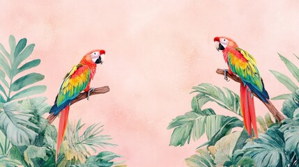 Two vibrant macaws perched on branches amidst lush tropical foliage against a soft pink background.