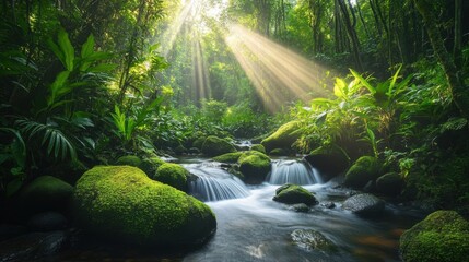 Fototapeta premium Serene jungle stream with sunlight beams