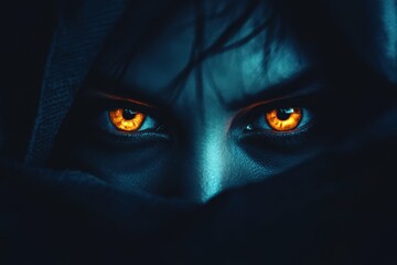 Fiery Eyes Glowing in Dark Mysterious Hood