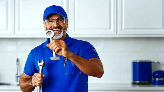 Confident plumber in a vibrant blue uniform with matching cap, holding a shiny wrench, smiling warmly. Clean white kitchen background with subtle blue accents for a professional pl