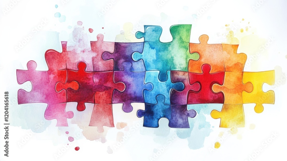Poster interlocking puzzle pieces with a watercolor texture, symbolizing connection and diversity in a colo