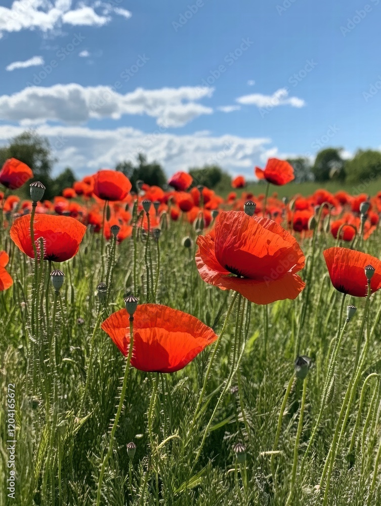 Aufkleber vibrant red poppies sway in a sunlit field under a bright blue sky during early summer. generative a