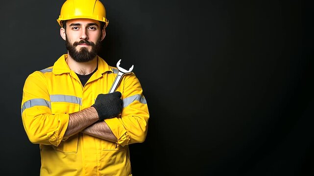 Friendly plumber in a bright yellow uniform with reflective stripes, holding an adjustable wrench. Black-to-yellow gradient with industrial-themed elements.