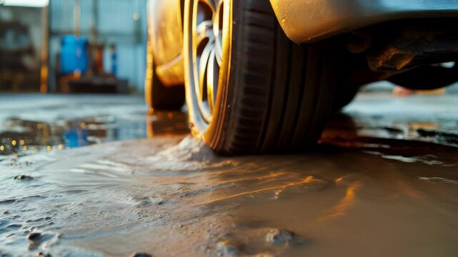 Car tire navigating through muddy puddle on rainy day closeup sequence
