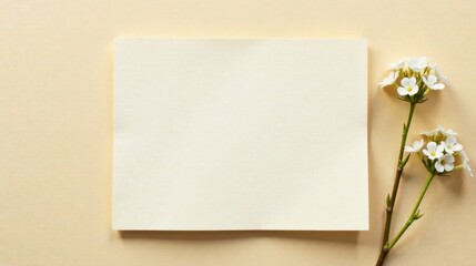 Naklejka premium Blank Cream-Colored Paper Note Beside Delicate White Blossoms on a Soft Beige Background