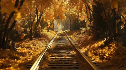 Naklejka premium Autumnal railroad tracks vanish into golden foliage tunnel.