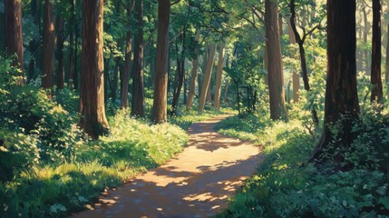 Fototapeta premium Serene sunlit forest path through tall trees