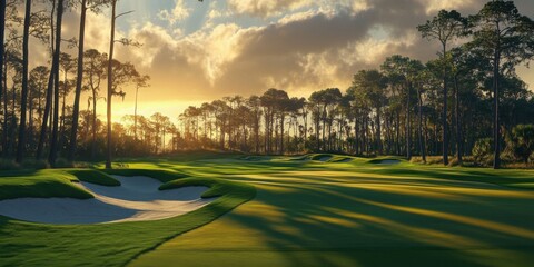 Obraz premium Serene sunrise at a beautiful golf course