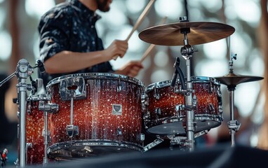 Naklejka premium Intense rhythm! A drummer's hands blur in motion, showcasing the energy and passion of live music. Feel the beat!