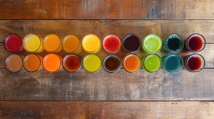 A colorful assortment of fresh fruit juices in glasses on a wooden table, ready to be enjoyed.