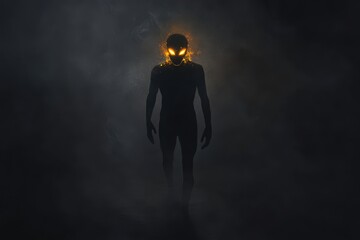 Obraz premium Fiery Eyed Alien Figure Walking Through Smoke