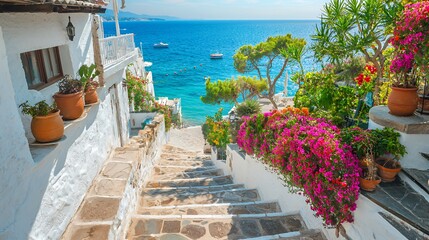 Fototapeta premium Idyllic Coastal Steps: A Mediterranean Escape