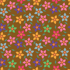 Seamless floral pattern, elegant ditsy print, abstract ornament with green blooming field in retro motif. Pretty botanical design: small hand drawn wild flowers, grass, leaves. Vector illustration.