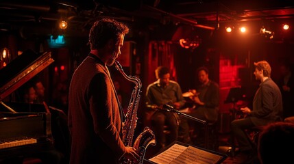Obraz premium Under soft lights, a talented saxophonist leads a dynamic jazz band, enchanting the crowd with smooth rhythms. Musicians exchange lively energy, creating a soulful atmosphere in the cozy venue