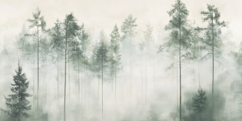 Serene watercolor forest with misty evergreens