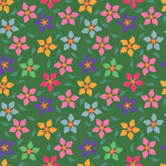 Seamless floral pattern, elegant ditsy print, abstract ornament with green blooming field in retro motif. Pretty botanical design: small hand drawn wild flowers, grass, leaves. Vector illustration.