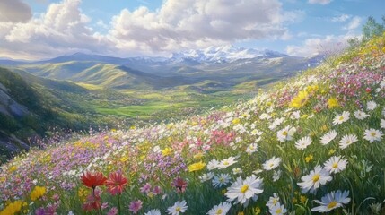 Fototapeta premium Vibrant wildflowers bloom on a hillside overlooking a valley and snow-capped mountains under a sunny sky.