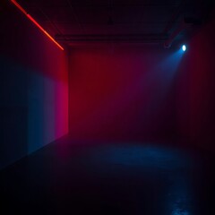 Dark room with red and blue neon lights.