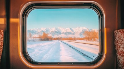 Fototapeta premium Scenic snowy mountain view from train window.